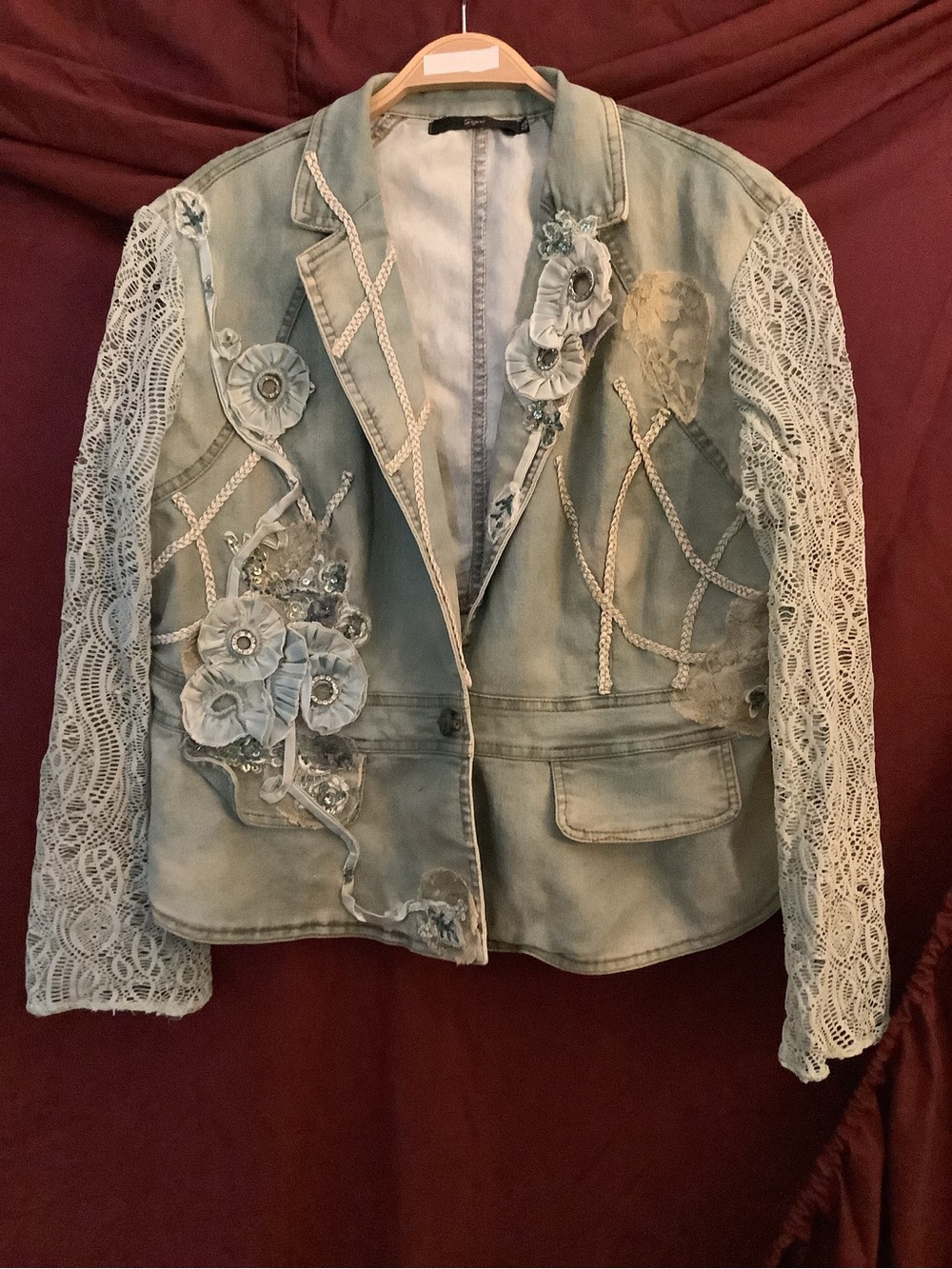 Light Wash Denim Jacket with Lace Sleeves and Floral Appliqués